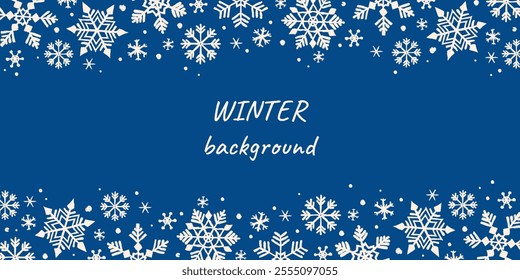 Elegant blue winter background with hand drawn snowflakes with copy space. Pencil texture and rough edges. For poster, banner, wallpaper, invitation, cover. Flat vector illustration