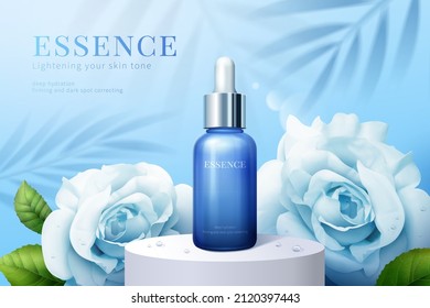 Elegant blue winter cosmetic ad template. Glass dropper bottle displayed on pedestal with white roses and leaf shadows. 3d illustration.