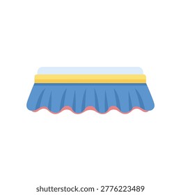 Elegant blue and yellow ruffled table skirt with scalloped edge, perfect for weddings, parties, and decorative displays in bright, clean lighting.