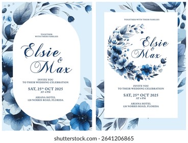 Elegant blue-themed floral wedding invitations. One features an oval frame with scattered blue flowers. The other displays a rectangular frame with a prominent crescent-shaped floral arrangement