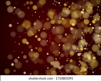 Elegant blurred bokeh lights texture backdrop. Luxury gold glitter confetti, yellow golden shiny explosion. Blurred bokeh lights flare effect circle elements flying banner pattern