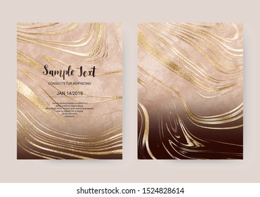 Elegant blurred celebration invitation cards with gold marble texture.