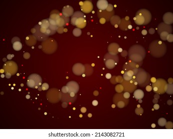 Elegant blurry bokeh lights wallpaper design. Luxury gold glitter confetti, yellow golden shiny explosion. Blurred bokeh lights flare effect circle random dust falling card backdrop