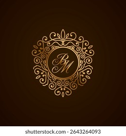 Elegant BM Monogram Logo with Golden Ornamental Frame on Dark Background – Luxury Initial Design