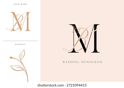 Logotipo elegante del monograma de la boda de BM con los acentos botánicos