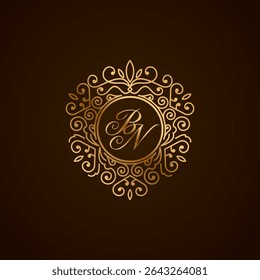 Elegant BN Monogram Logo with Golden Ornamental Frame on Dark Background – Luxury Initial Design