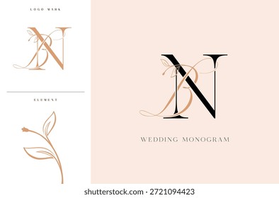 Elegant BN wedding monogram logo with botanical accents