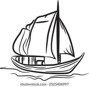 Ícone de barco elegante, arte de linha preto e branco	
