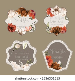 modelo elegante da coleção de etiquetas de flores e folhas de boho