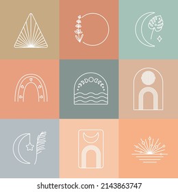 Elegant Boho logos collection. Seascape and rainbow. Striped sunrise. Emblem design. Sunny landscape. Boho signs. Editable stroke. Vector stock illustration