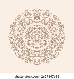 Elegant Boho Mandala Vector Line Art – Floral Decorative Pattern in Brown on Beige Background.