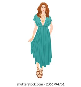 Elegant boho outfit women. Fashion look with turquoise draped silk maxi dress and forehead headband. Vector hand drawn isolated illustration