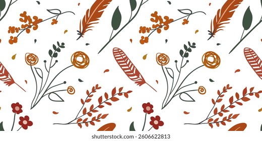 Elegant boho seamless pattern with hand-drawn flowers, feathers, and branches in soft earthy tones on a white background. Perfect for textiles, wallpapers, and decor