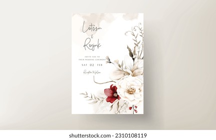 elegant boho wedding invitation card with dried floral and maroon flower