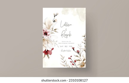 elegant boho wedding invitation card with dried floral and maroon flower
