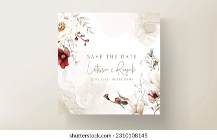 elegant boho wedding invitation card with dried floral and maroon flower