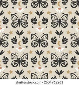 Elegant boho-style pattern featuring symmetrical butterflies, wildflowers, moon phases, stars, and foliage in soft neutral tones on a warm beige background. Ideal for fabric, wallpaper, nurse