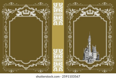 Elegant book cover design with ornate frame, crown, griffins, and castle illustration, perfect for historical or fantasy themes Hand drawn Illustration