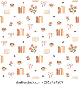 Elegant Book Lover Seamless Pattern with Coffee Cup, Books, Flowers and Ribbon for Fabric, Wallpaper and Stationery Design
