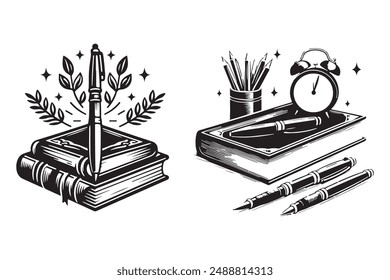 Elegant Book, Pen  and Watch Silhouettes - Classic Vector Illustrations.