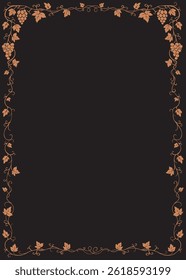 Elegant border frame with grapevine elements, vintage ornamental decoration for menu, certificate or wine label design, isolated on black background