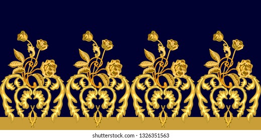 Elegant border with golden roses. Seamless vector pattern with jewelry items. Women's fashon collection. On dark background.