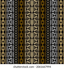 Elegant Borders. Striped seamless pattern. Ornamental border background. Repeat vertical greek ornament. Tribal ethnic style design. Abstract patterned ornate backdrop. Greek key, meanders, chains.