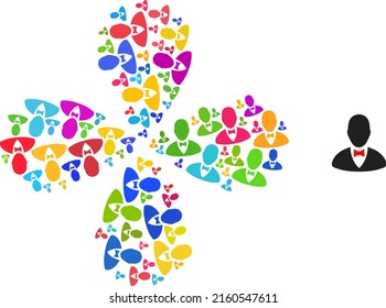 Elegant boss icon multicolored rotation flower cluster shape. Object flower combined from scattered elegant boss icons. Vector flower icon collage in flat style.