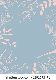 Elegant botanical background in pastel colors. Leaves and natural floral elements pink beige blue colors. Simple minimal style. Vector illustration.