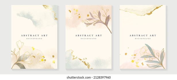 Elegant botanical background template. Luxury watercolor wallpaper with leaves, branches, eucalyptus leaf and flower. Gold line art pattern for prints, wall art, banner, wedding and invitation.