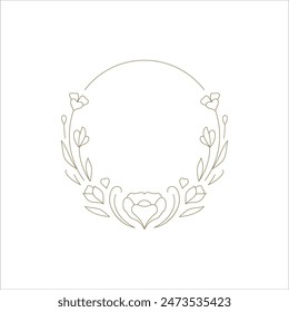 Elegant botanical blossom ring round frame linear decor element for logo vector illustration. Flourish monochrome golden circle border with natural flower and leaves decorative design simple emblem