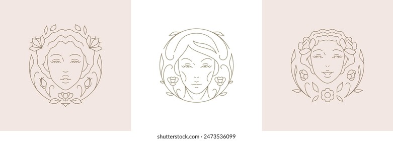 Elegant botanical blossom woman floral face in hand drawn circle frame line art logo set vector illustration. Romantic blooming flower female portrait monochrome golden contour emblem for cosmetology
