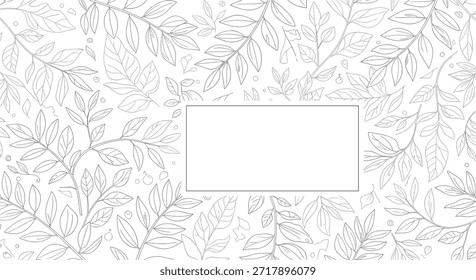 Elegante design de borda botânica com folhas desenhadas à mão e ramos ao redor da área de espaço de cópia de retângulo branco vazio.