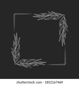 Elegant botanical border for wedding invitation card. Floral square frame with ornate branches. Vector isolated spring flourish background.