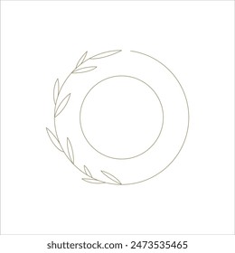 Elegant botanical circle frame branch with leaves line art decorative element for logo vector illustration. Monochrome blossom round border natural organic plant with foliage outline design for emblem