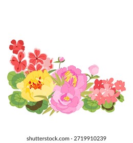 Elegante rincón botánico con exuberantes flores de peonía rosa y flores de geranio detalladas con detalles de hojas verdes acentos de Ilustración vectorial. Perfecto para papelería de boda romántica, marca de primavera