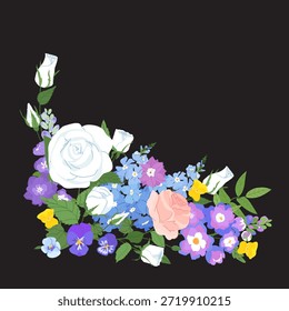 Elegante composición botánica de esquina con flores de rosa y flores de delfinio azul con exuberante hoja verde. Ilustración vectorial con acentos románticos para papelería de boda de reliquia