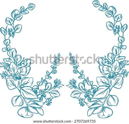 Elegant botanical eucalyptus floral frame created in detailed line art and silhouette combination. Features organic leaves, branches, and blossoms arranged to form a decorative border, perfect for inv