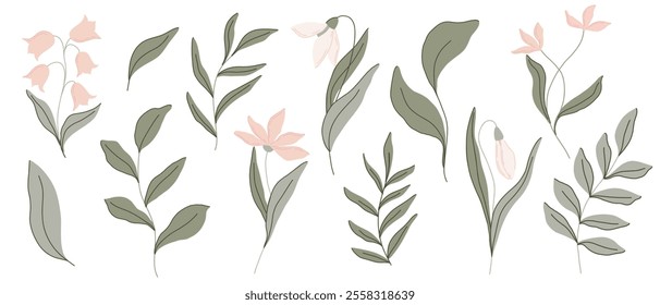 Elegant botanical flat illustration with soft green leaves and pastel pink flowers, lilies of the valley and snowdrops. Minimalist design with a muted color palette, perfect for spring decor