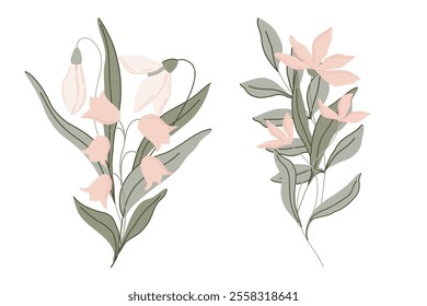 Elegant botanical flat illustration with soft green leaves and pastel pink flowers, lilies of the valley and snowdrops. Minimalist design with a muted color palette, perfect for spring decor