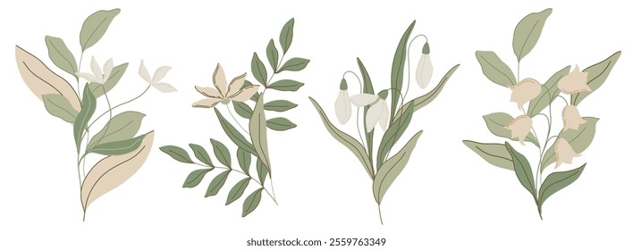 Elegant botanical flat illustration with soft green leaves and pastel pink flowers, lilies of the valley and snowdrops. Minimalist design with a muted color palette, perfect for spring decor