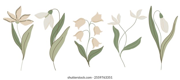 Elegant botanical flat illustration with soft green leaves and pastel pink flowers, lilies of the valley and snowdrops. Minimalist design with a muted color palette, perfect for spring decor