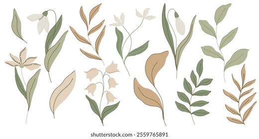 Elegant botanical flat illustration with soft green leaves and pastel pink flowers, lilies of the valley and snowdrops. Minimalist design with a muted color palette, perfect for spring decor