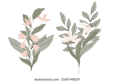 Elegant botanical flat illustration with soft green leaves and pastel pink flowers, lilies of the valley and snowdrops. Minimalist design with a muted color palette, perfect for spring decor