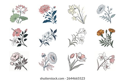 Elegante arranjos florais botânicos coleção de doze belos pacotes de flores em cores delicadas