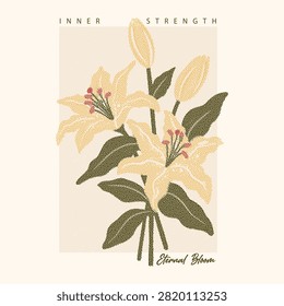 An elegant botanical floral graphic featuring yellow lilies illustrated in a detailed stipple pointillism technique. Accented with subtle typography reading 'Inner Strength' and 'Eternal Bloom' on a soft cream backdrop.

#InnerStrength #EternalBloom #LilyIllustration #BotanicalArt #TShirtDesign #PointillismArt #VintageFloral #VectorGraphic #ApparelDesign #StippleArt