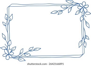 Elegant botanical frame with delicate blue leaves and curved branches. Minimalist hand-drawn border perfect for wedding invitations, nature-themed cards, or organic product labels.