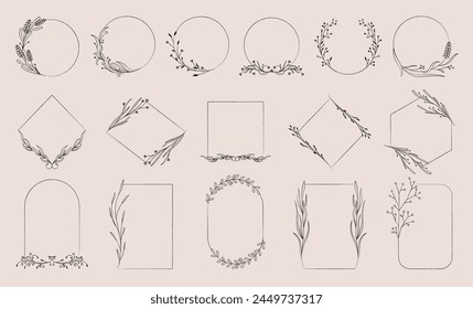 Elegantes marcos botánicos. Corona floral minimalista con hojas y flores, bordes florales decorativos para invitación de boda. Juego de Vectores. Diseño minimalista con plantas para tarjeta de felicitación