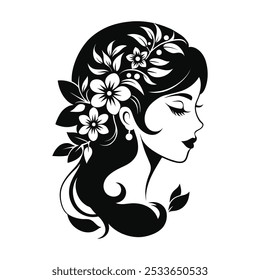 Elegant botanical glamour vector woman icon - graceful floral silhouette emblem