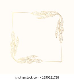 Elegant botanical golden border for wedding invitation card. Floral square frame with ornate branches. Vector isolated gold spring flourish background.